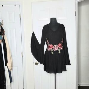 Material Girl Black Long-Sleeve Tunic with Pink Rose Embroidery